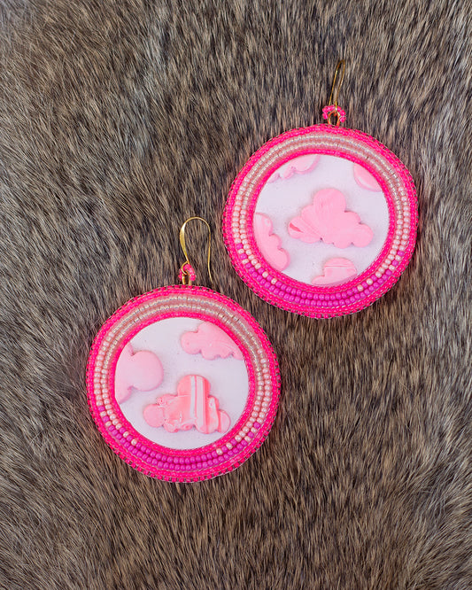 Pink Beaded Clay Cloud Earrings