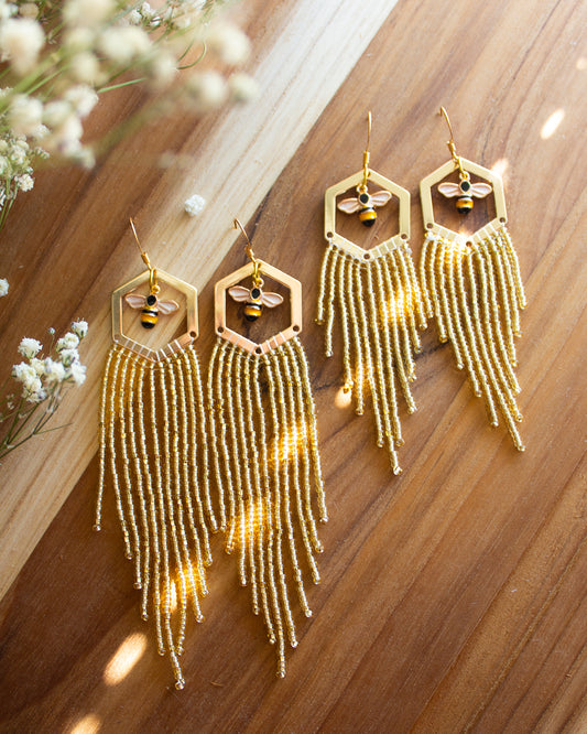 Gold Bumble Bee Fringe Earrings